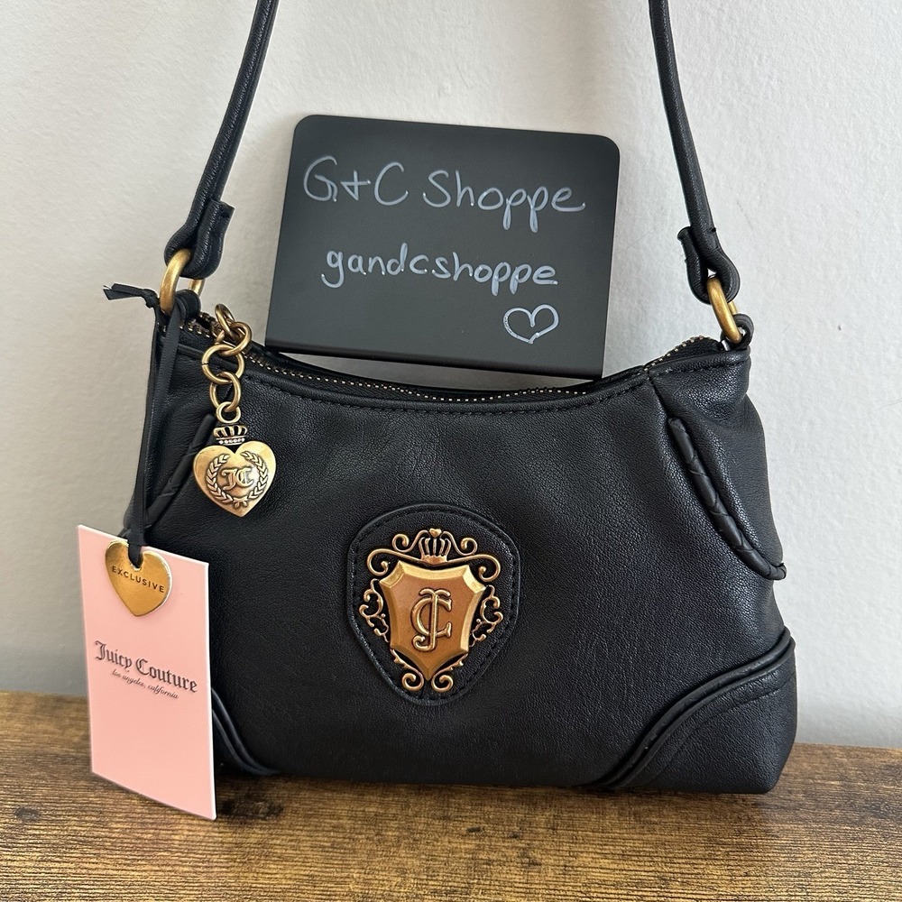 New Juicy Couture Romance Black Wristlet Wallet Mini Bag Clutch Gold Cardholder